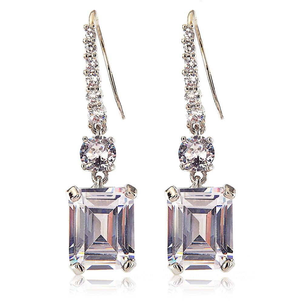 [RIZILIA CLASSIC] Dangle Drop Pierced Hook Earrings with Emerald Cut Gemstones CZ [White Topaz] in 18K White Gold Plated, Simple Modern Elegant