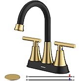 Bathroom Faucets for Sink 3 Hole, Hurran 4 inch Black and Gold Bathroom Sink Faucet with Pop-up Drain and Supply Hoses, Stainless Steel Lead-Free Centerset Faucets for Vanity RV