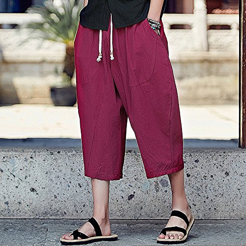 LISTHA Loose Baggy Harem Pants Men's Casual Sports Calf-Length Linen Trousers Wine Red