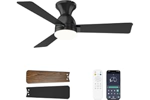 Dolavast Ceiling Fans with Lights and Remote, 42 Inch Ceiling Fan with Light, Low Profile, Reversible, Dimmable LED, Flush Mount, Quiet, DC Motor, Black Ceiling Fan for Bedroom, Kitchen, Dining Room