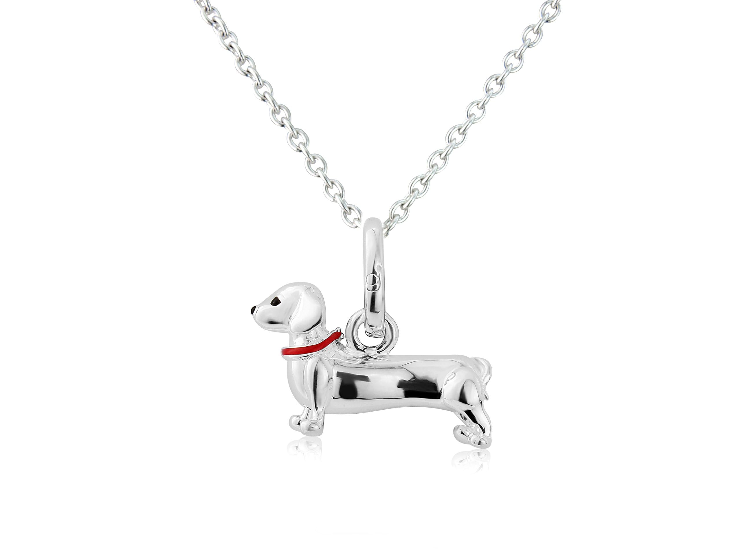 Gemma J Sterling Silver Cute Designer Dachshund Dog Pendant with Bespoke Red Enamel Collar Feature, on an adjustable silver chain