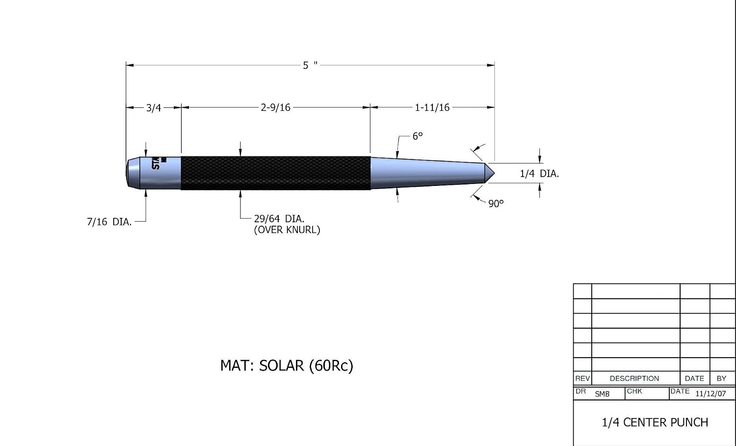 Starrett 117E Centre Punch With Round Shank, 5" Length, 1/4" Tapered Point Diameter, Silver, 6.5 mm Dia x 125 mm L - Image 3