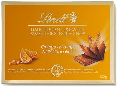 Swiss Thins chocolate con Leche y Naranja, laminas de chocolate extrafinas, chocolate negro fino, 125G