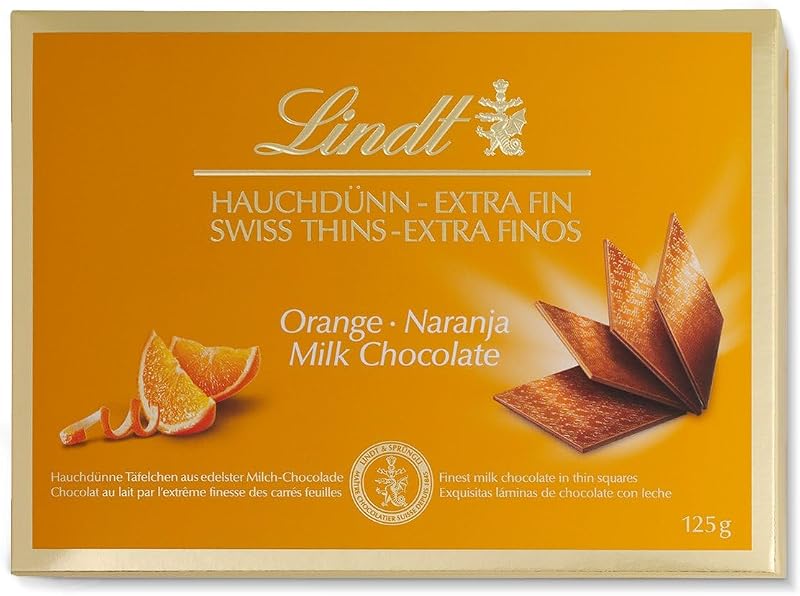 Swiss Thins Chocolate de leite e laranja, folhas de chocolate extra finas, chocolate negro fino, 125G