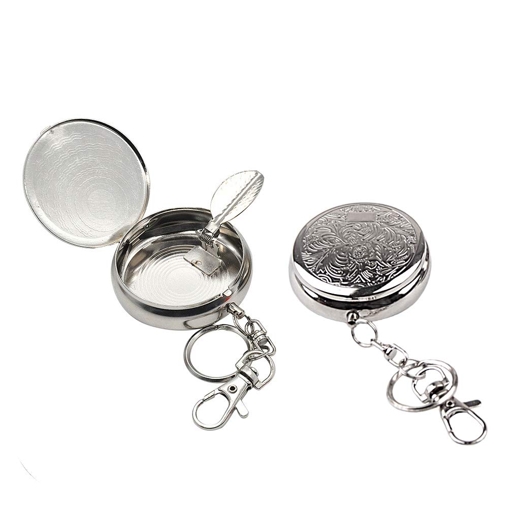 2pc Portable Pocket Ashtray, HMIEPRS Mini Round Stainless Steel Vehicle Cigarette Ashtray with Key Chain and Cigarette Snuffer, Modern Ash Holder for Travelling and Outdoor Use (Carved Pattern)