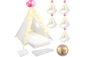 Lemosae 6 Pack Sleepovers Teepee Tent for Kids Bulk with Mattress Sheet Light,Natural Cotton Washable Indoor Play Tent for Birthday Slumber Party Girls Boys Pajama Movie Night Supplies(White)
