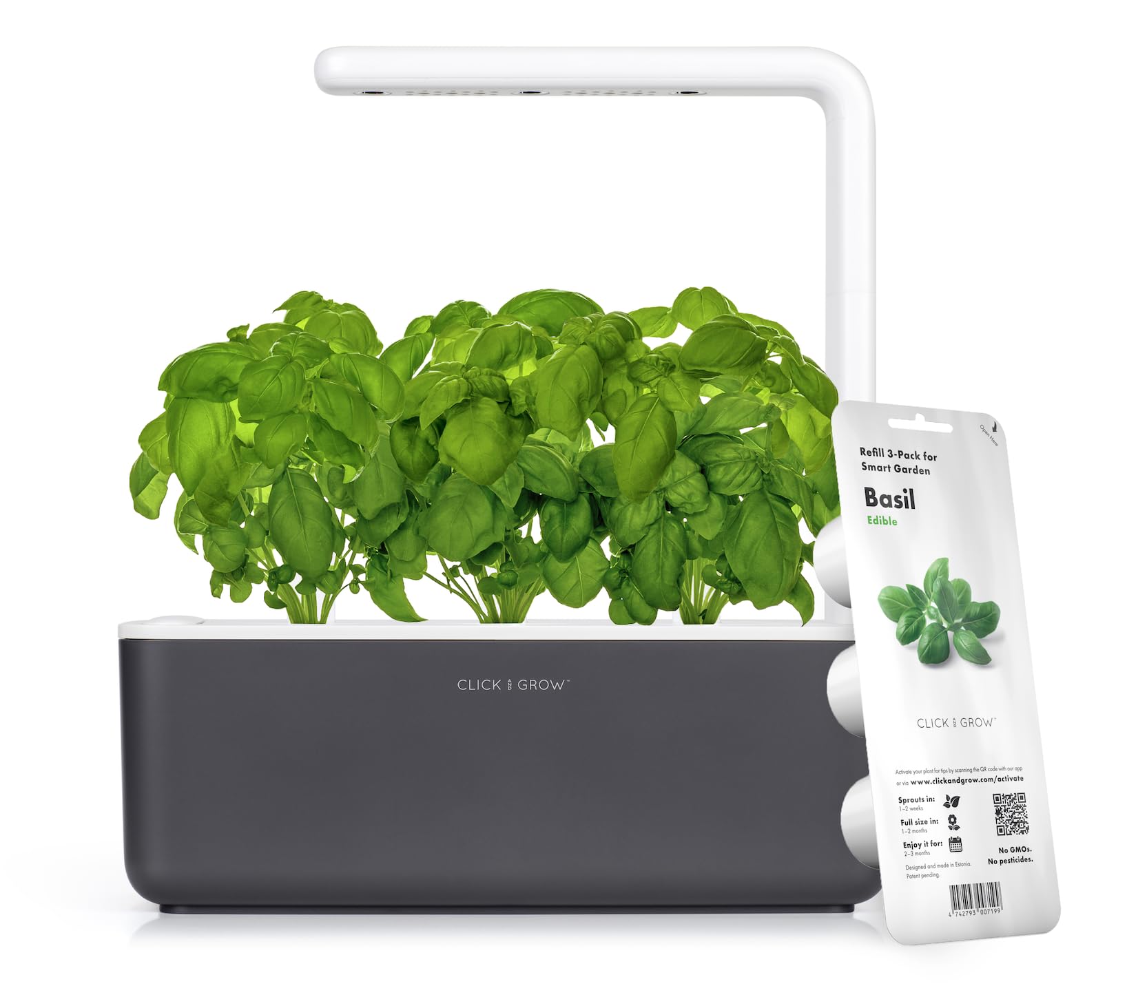 Click & Grow Indoor Herb Garden Kit with Grow Light | Smart Garden for Home Kitchen Windowsill | Easier than Hydroponics Growing System | Vegetable Gardening Starter (3 Basil Pods included), Grey