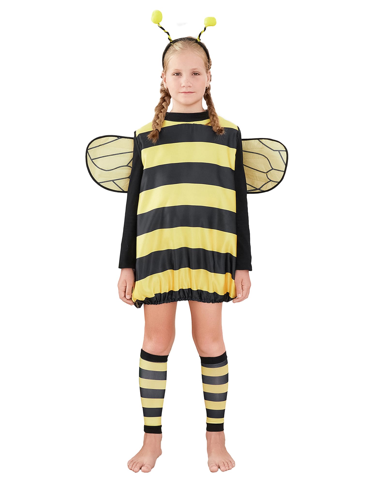 SANSIWU Women Bee Cosplay Costume Set Bee Dress with Wings Headband Leg Sleeves for Role-playing Accessories Halloween Themed Party Costumes (KID, L)