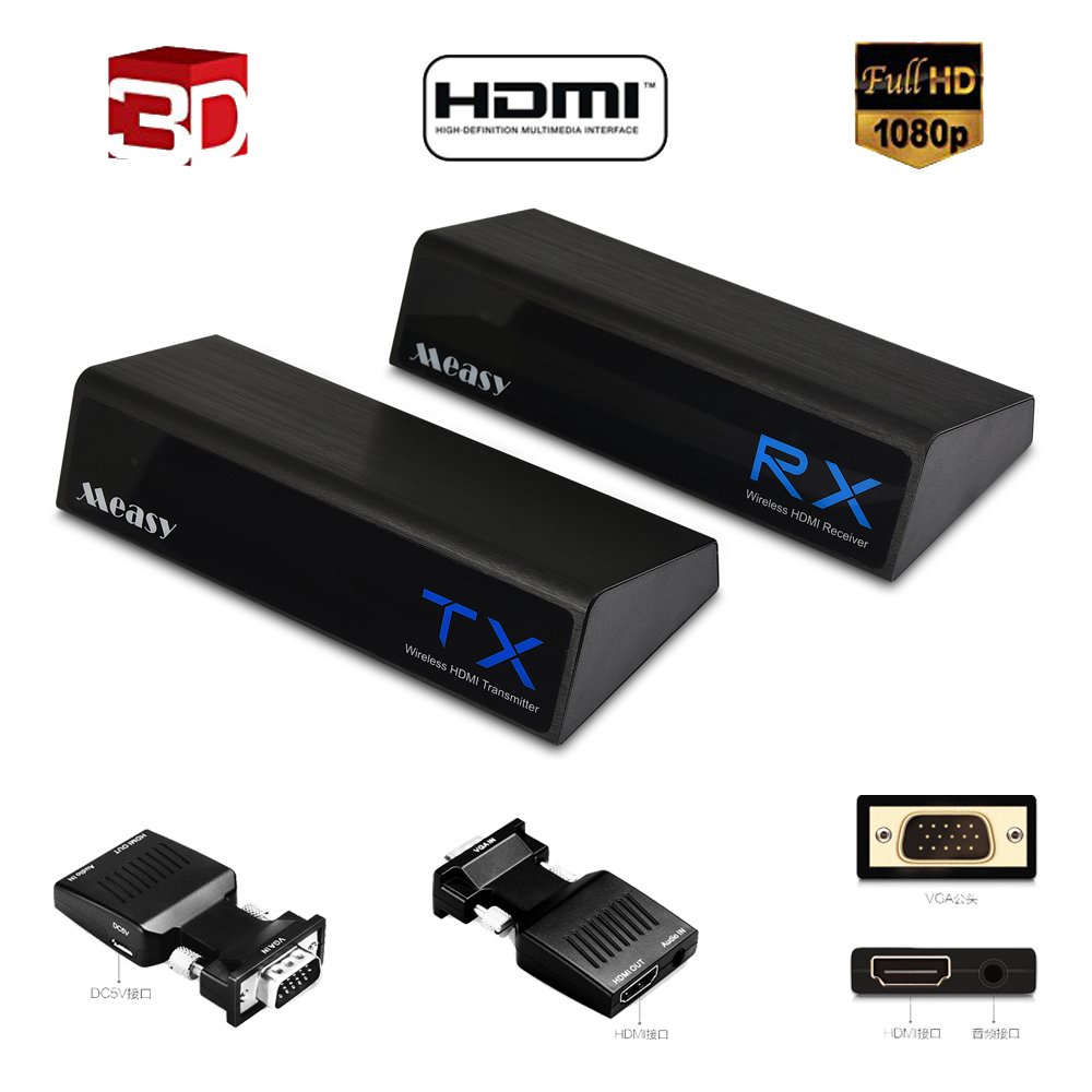 MEASY Wireless HDMI Extender Transmitter & Receiver Dongle 1080P Kit with switcher and splitter features 4 input to 4 output + VGA to HDMI - Up to 100 Ft - Perfect for Streaming from Laptop, PC