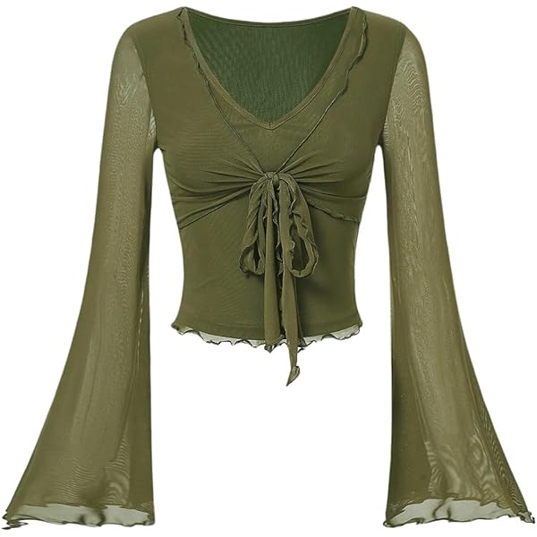 Verdusa Women's Knot Front Flare Bell Long Sleeve Lettuce Trim V