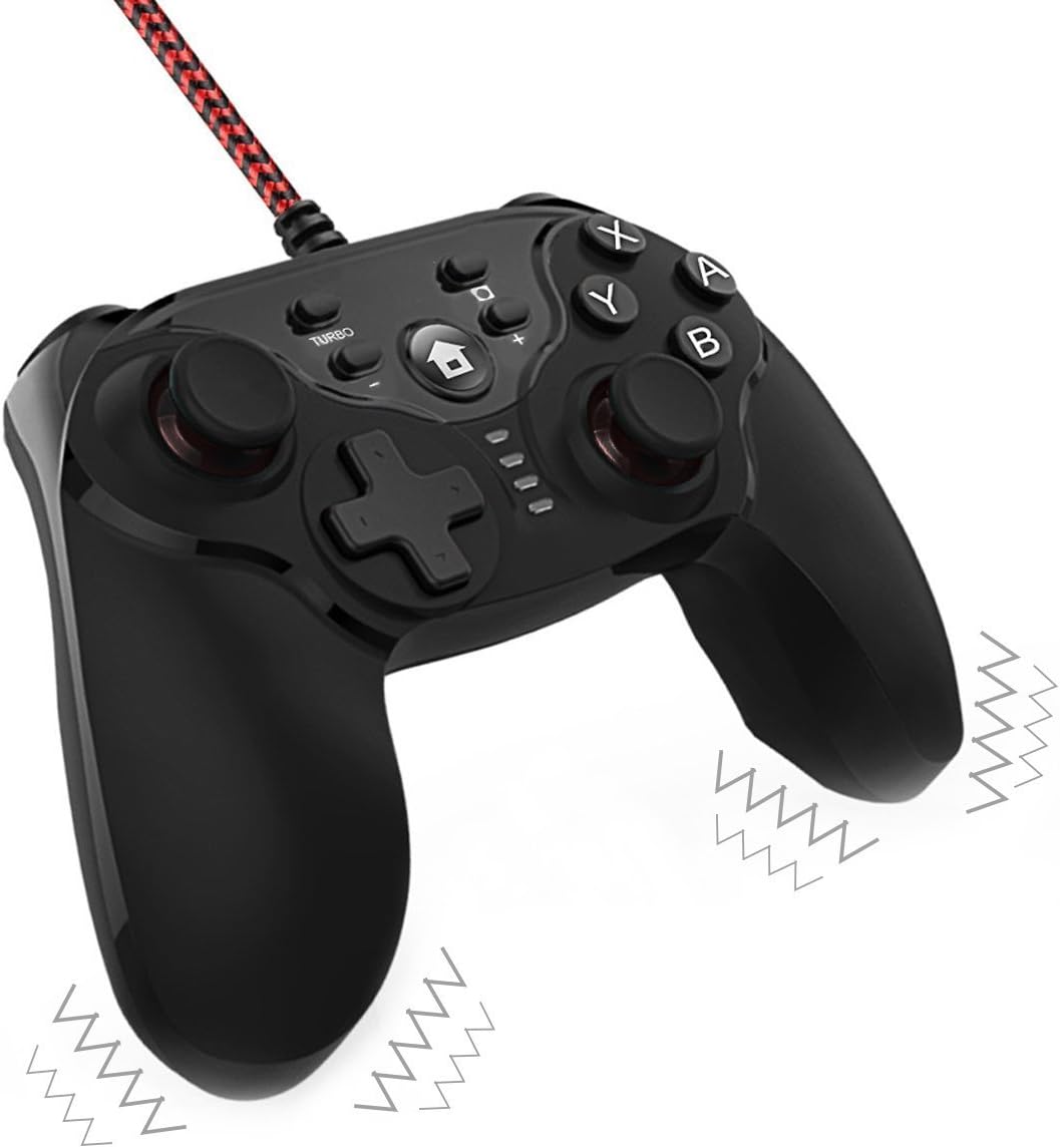 TealTech Turbo Function Wired Vibration Controller Joystick for Nintendo Switch, Gamepad with 10ft USB Cable (Black)