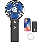 HandFan 5200mAh Portable Handheld Fan Rechargeable with Power Bank-3 Speeds Foldable Personal Cooling, 2-IN-1 Hand Held Fan Battery Operated, 20H Runtime for Travel/Summer/Concerts/Women (Black&Blue)