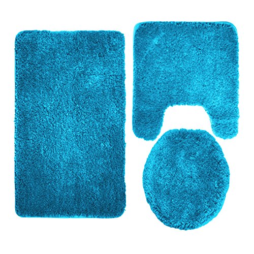 Mary 3 Piece Bathroom Rug Set, Luxury Soft Plush Shaggy Thick Fluffy Microfiber Bath Mat, Countour Rug, Toilet Seat Lid Cover, Non-Slip Rubber Back, Floor Mats Water Absorbent (Turquoise)