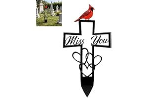 Metal Cemetery Memorial Plaque For Remembrance,Cardinal Memorial Grave Stakes Cross With Miss You Script & Heart Accent,For C