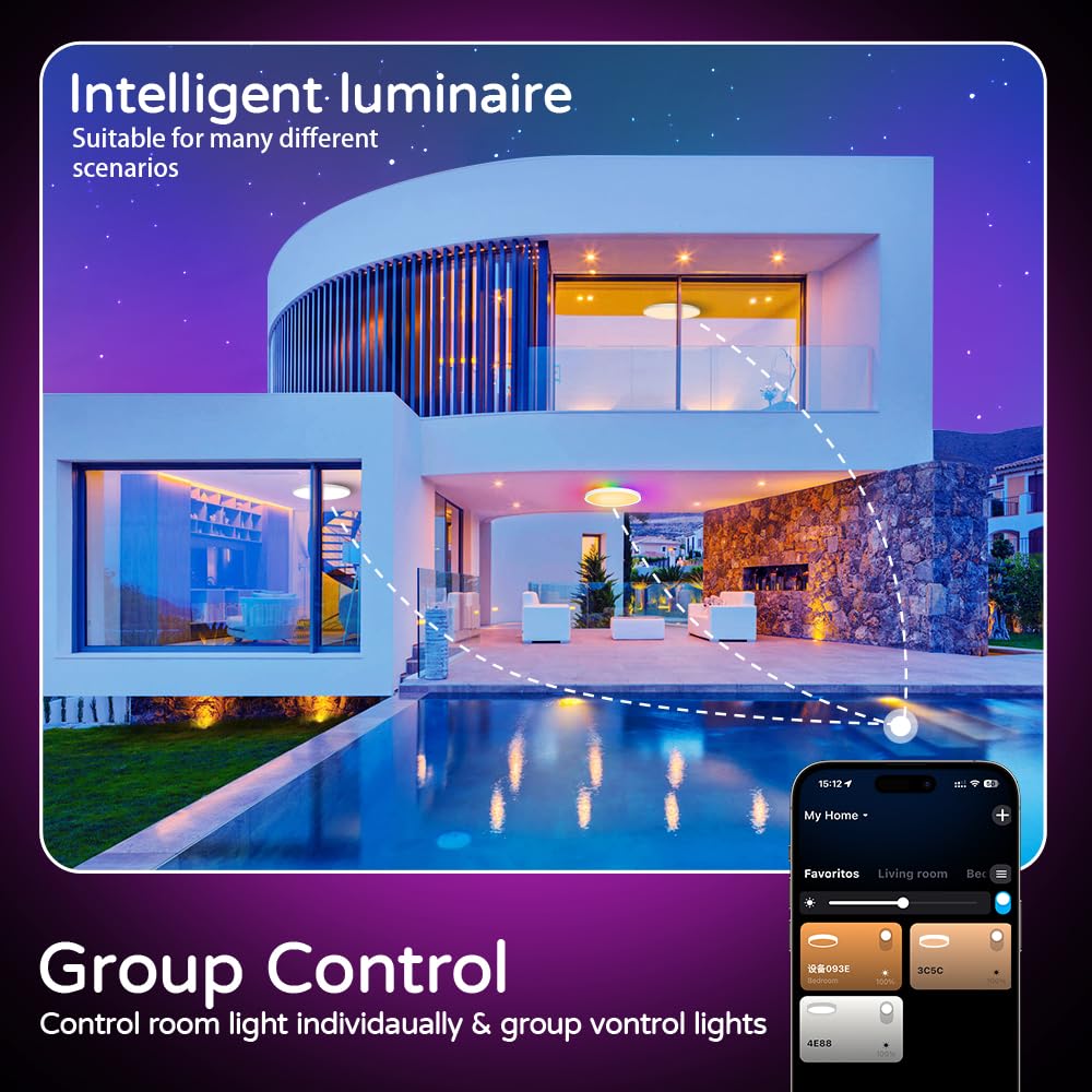 Digiray LED Smart Flush Mount Ceiling Light Fixture with Remote Control, 12 Inch 30W RGB Modern Ultra-Thin Round Close to Ceiling Light 2700K-6500K 3 Color for Bedroom Kitchen Living Room Hallway