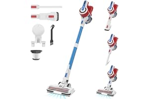 POWEART Cordless Vacuum Cleaner, 30Kpa Powerful Stick Vacuum Cleaner Cordless, 350W Self-Standing Lightweight 6-in-1 Vacuum Cleaner with Rechargeable Battery for Pet Hair Hard Floor Carpet Home-Red