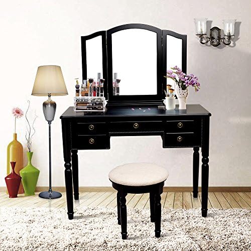 Blongang Vanity Set Tri-Folding Mirror Vanity Make-up Table Bedroom Dressing Table Set with Stool 5 Drawers (Black)