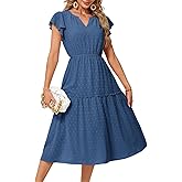 JASAMBAC Womens Dresses Casual Wrap V Neck Ruffle Short Sleeves Floral Print Flowy Dress Wedding Guest A-Line Maxi Dress