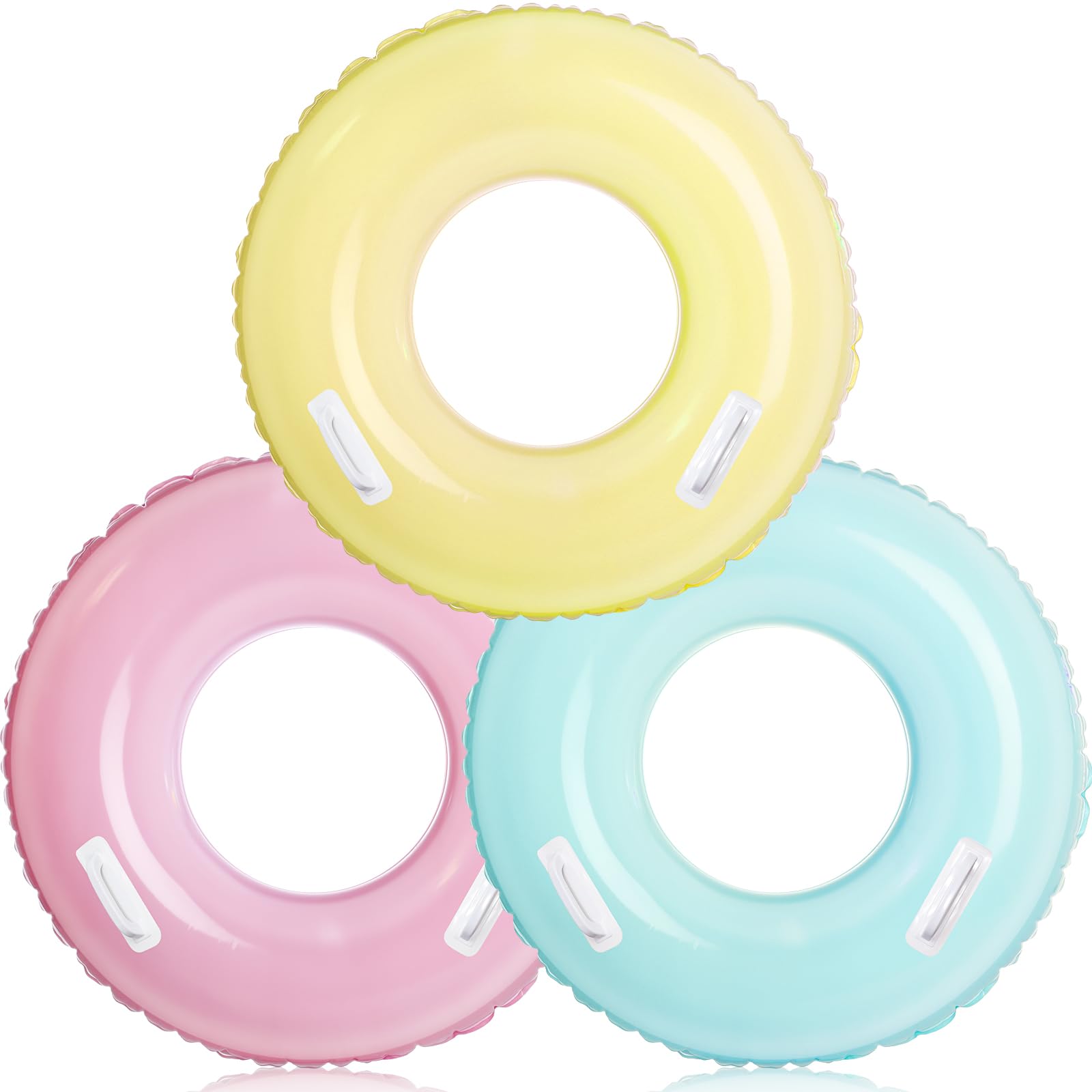 Photo 1 of ShinyRelief 3 Pack 33'' Inflatable Pool Floats with Handle for Kids Adult Macaron Swim Tube Rings Inner Tubes, Pool Floaties Toys Beach Swimming Summer Bachelorette Party Toys(Yellow,Green,Purple)