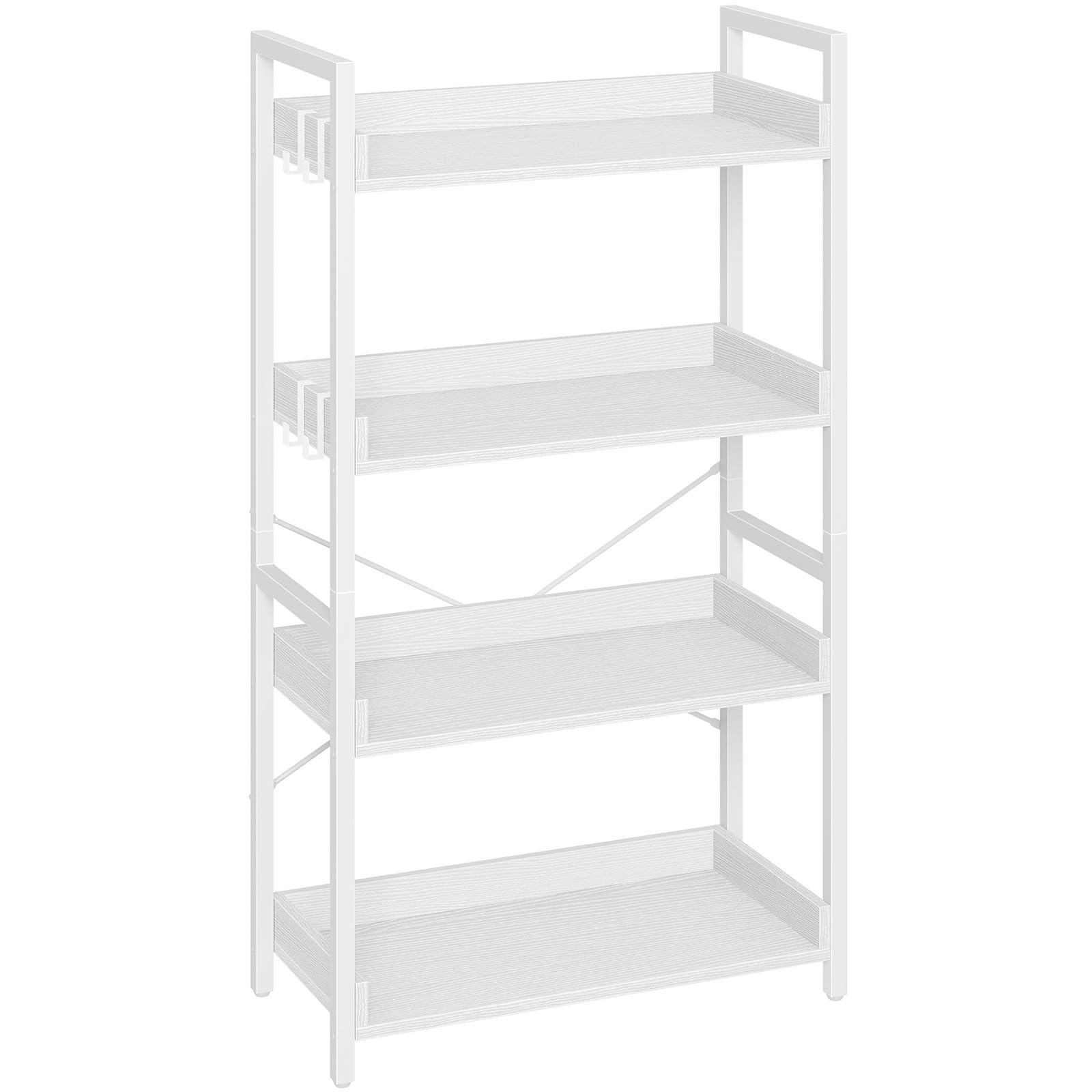 Rolanstar Bookshelf 4 Tier with 4 Hooks, Industrial Wood Bookcase, Vintage Storage Rack with Open Shelves, Rustic Standing Bookshelves Metal Frame Display Rack for Living Room, Bedroom, White Image