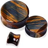Pair of Natural Blue Tiger Eye Stone Saddle Plug Double Flare Ear Lobe Plugs (1" (25mm))