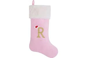 AUAWMLK 20-Inch Letter Embroidered Christmas Stocking Thick and Luxurious Pink Velvet with Super Soft Plush Cuff Personalized Festival Decoration for Xmas and New Year Party(Letter R)
