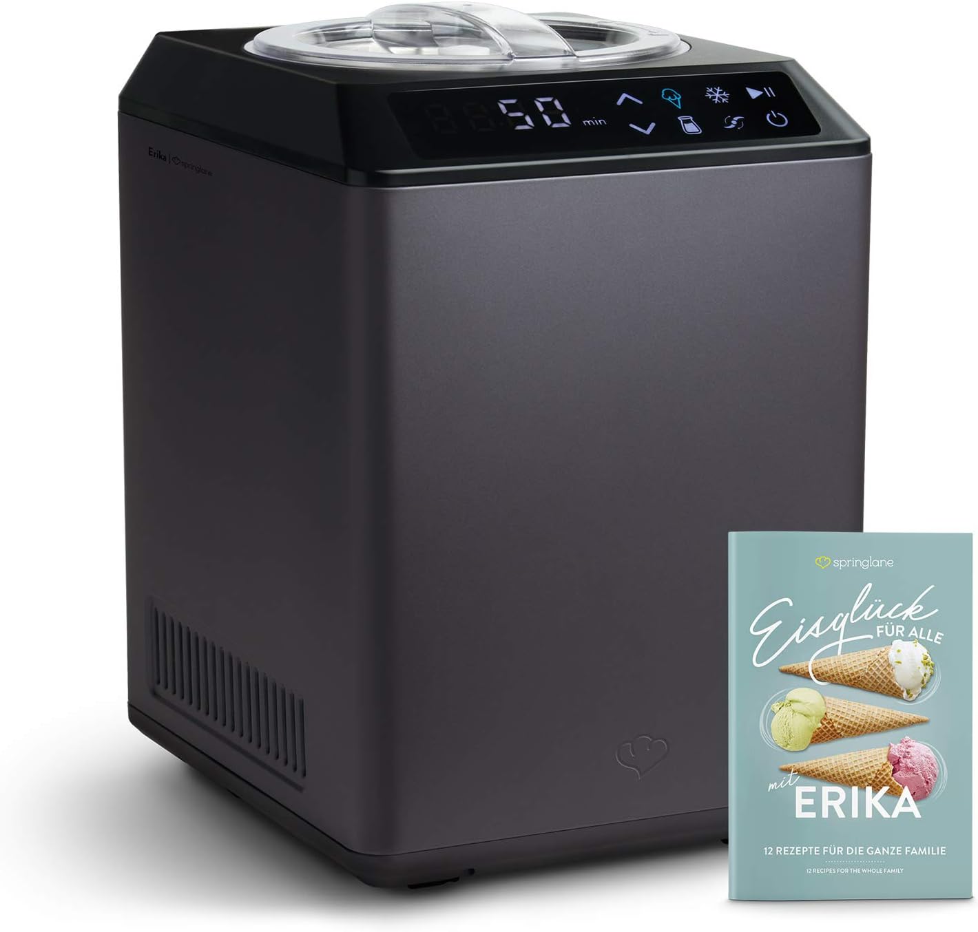 Eismaschine & Joghurtbereiter Erika 2,5 L mit selbstkühlendem Kompressor 250 W, aus Edelstahl mit Kühl- und Heizfunktion, inkl. Rezeptheft