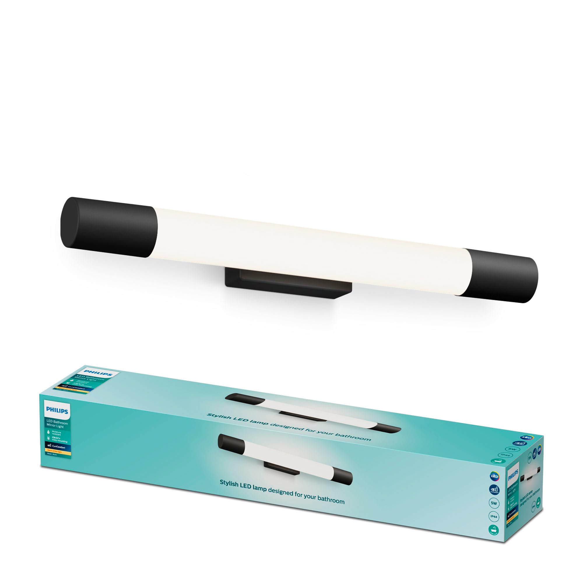 PHILIPS Rover Mirror LED Light Round, 5W, 750 lm, 2700K, Black, IP44, Water-Resistant