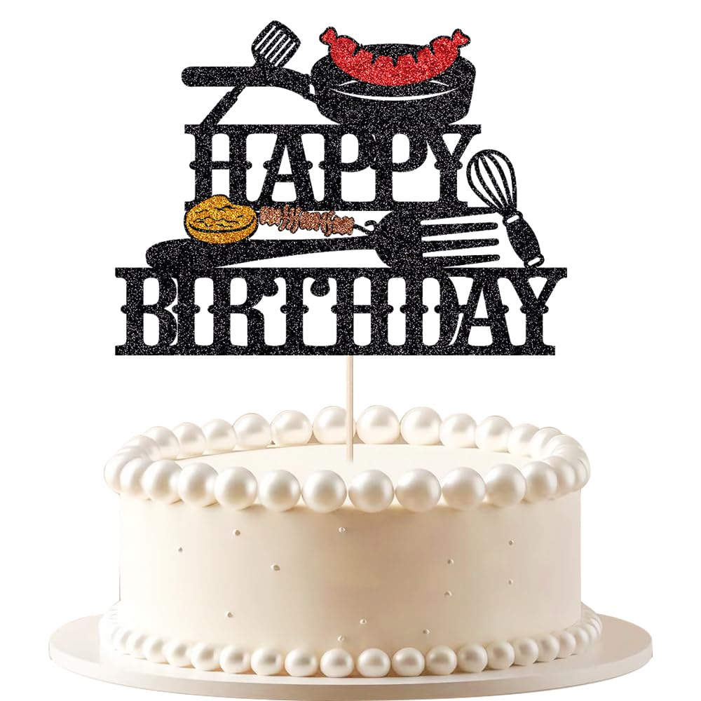 Photo 1 of ***3 INCLUDED***VQOUZVSR Barbecue Happy Birthday cake topper, black Glitter outdoor barbecue theme children boys girls men women birthday party decorations***3 INCLUDED***