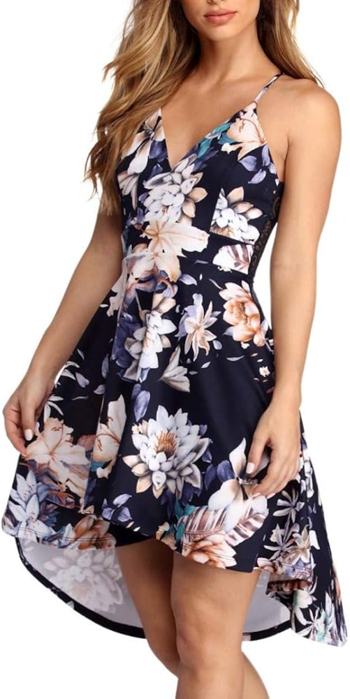 FANCYINN Women High-Low Hem Dress Spaghetti Straps Deep V Neck Floral Backless A Line Skater Cocktail Dresses with Pockets: Clothing
