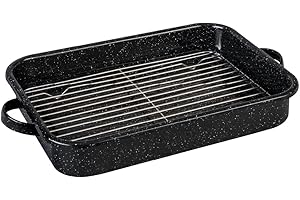 Granite Ware Open Roasting Pan with Flat Rack (Speckled Black) - Accommodates up to 25 lb poultry or roast.