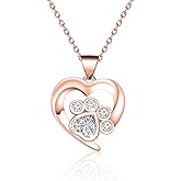 BEKECH Pet Lover Gifts Paw Print Necklace Cubic Zirconia Puppy Dog Cat Pet Paw Print Love Heart Pendant Necklace for Women