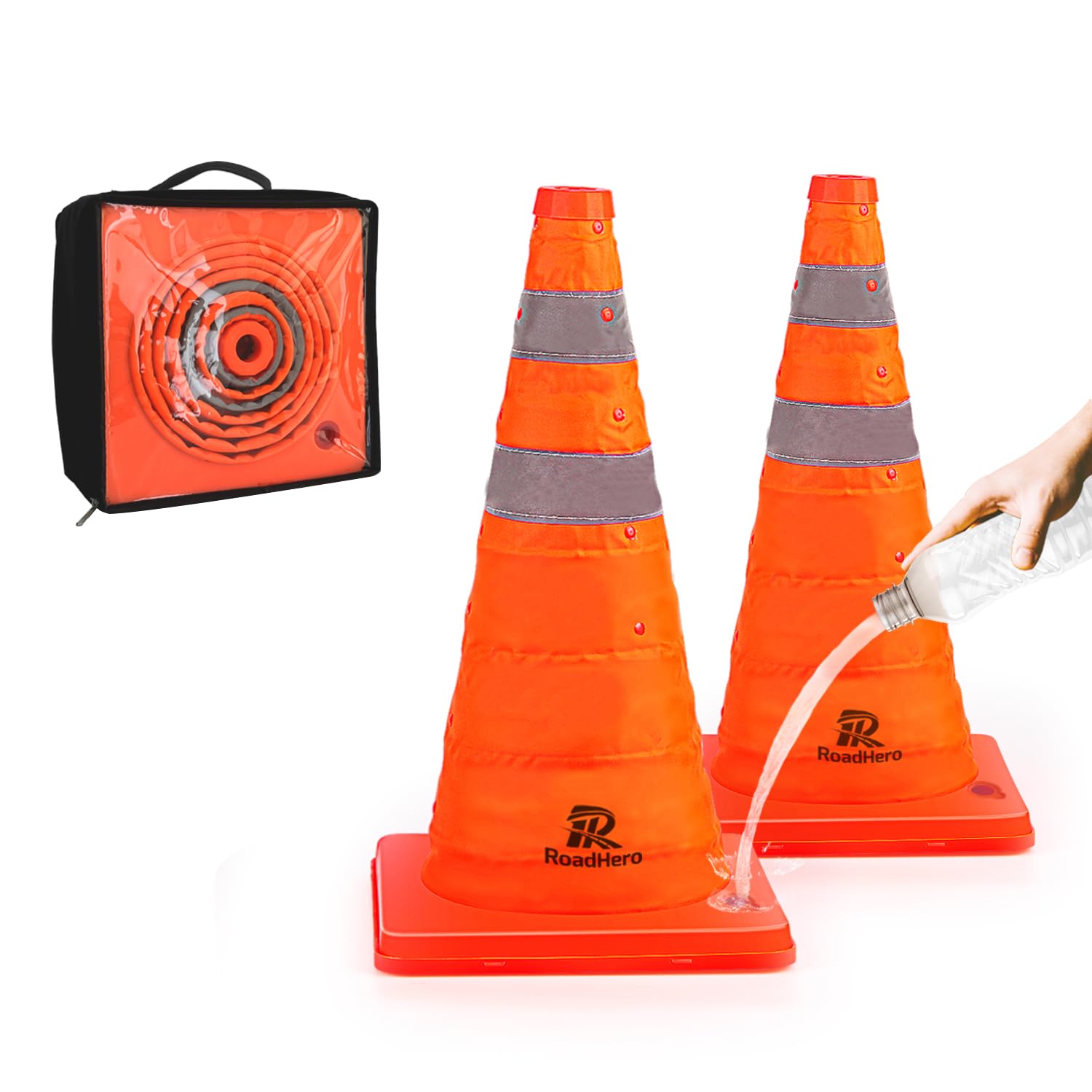 Photo 1 of RoadHero Upgraded 18 Inch 2 Pack Collapsible Traffic Cones with Fillable Base, Pop-up Safety Cones with Reflective Collar for Road Safety, Orange Cones for Driving Training, Parking Lots
