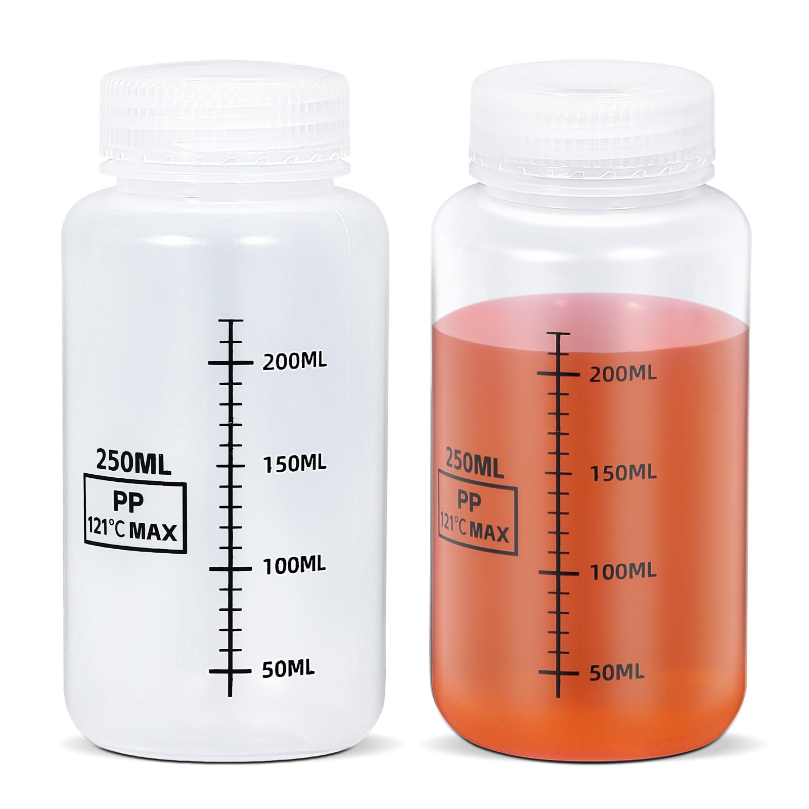 Photo 1 of UMETASS 8oz/250ml Wide Mouth Plastic Bottles with Airtight Lids, Graduated Food Grade Leak Proof PP Containers Jars for Water Sample Lab Reagent Liquid Medicine Storage (Transparent, 2 Pcs)
