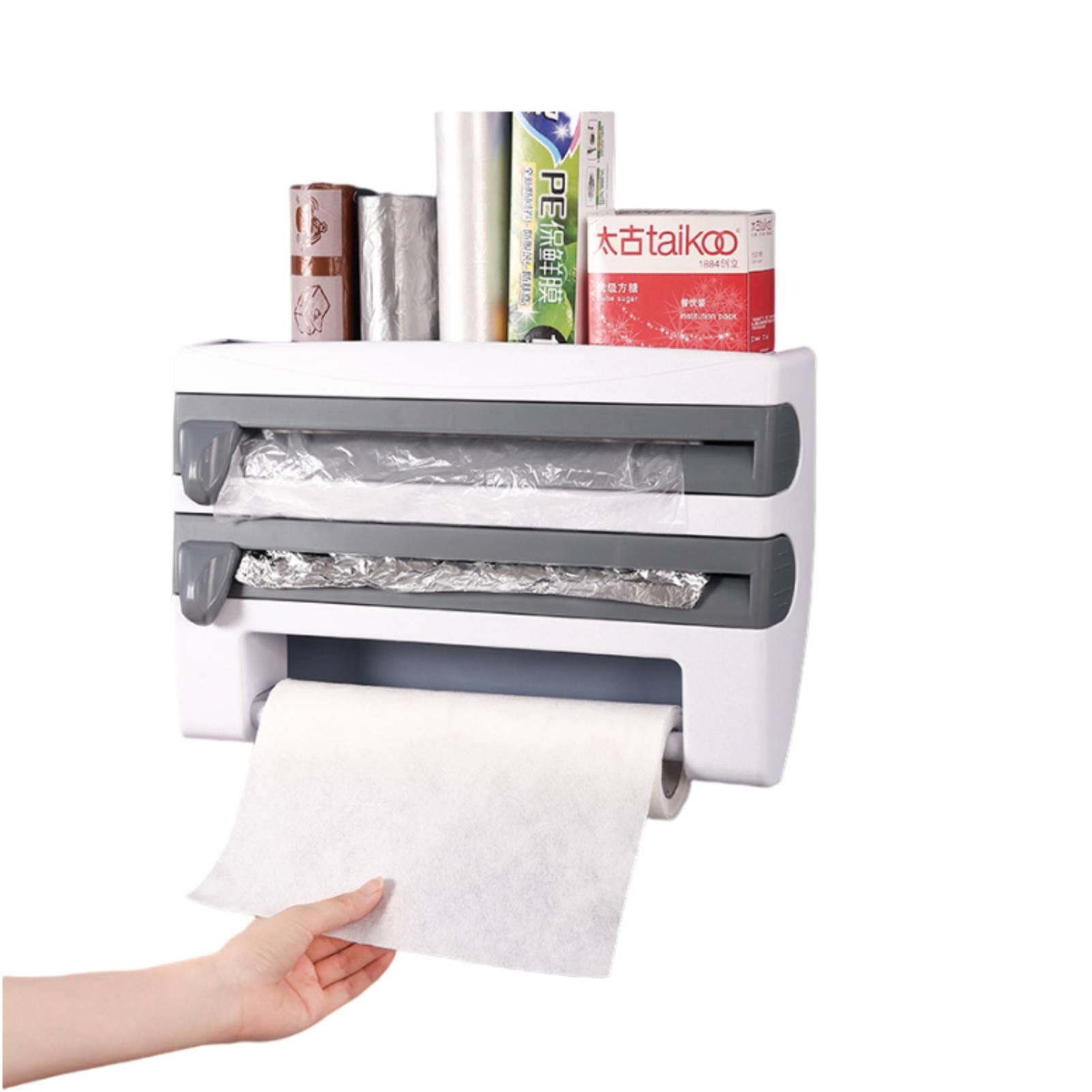 3 in 1 Wall-Mount Storage Rack for Kitchen/Bathroom. Spice Organizer Rack with Paper Towel Holder/Tinfoil/Preservative Film Dispenser(blue)