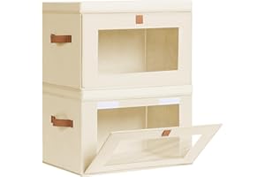 Homsorout Large Closet Storage Organizer - Clothes Storage Bins with Handles & Window, Collapsible Decorative Boxes with Lids, Fabric Containers for Living Room, Dorm, 2 Pack, Beige