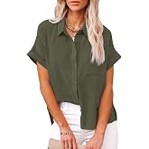 Womens Casual Cotton Linen Button Down Short Sleeve Shirts Solid Summer Beach Blouses Tops with Pocket