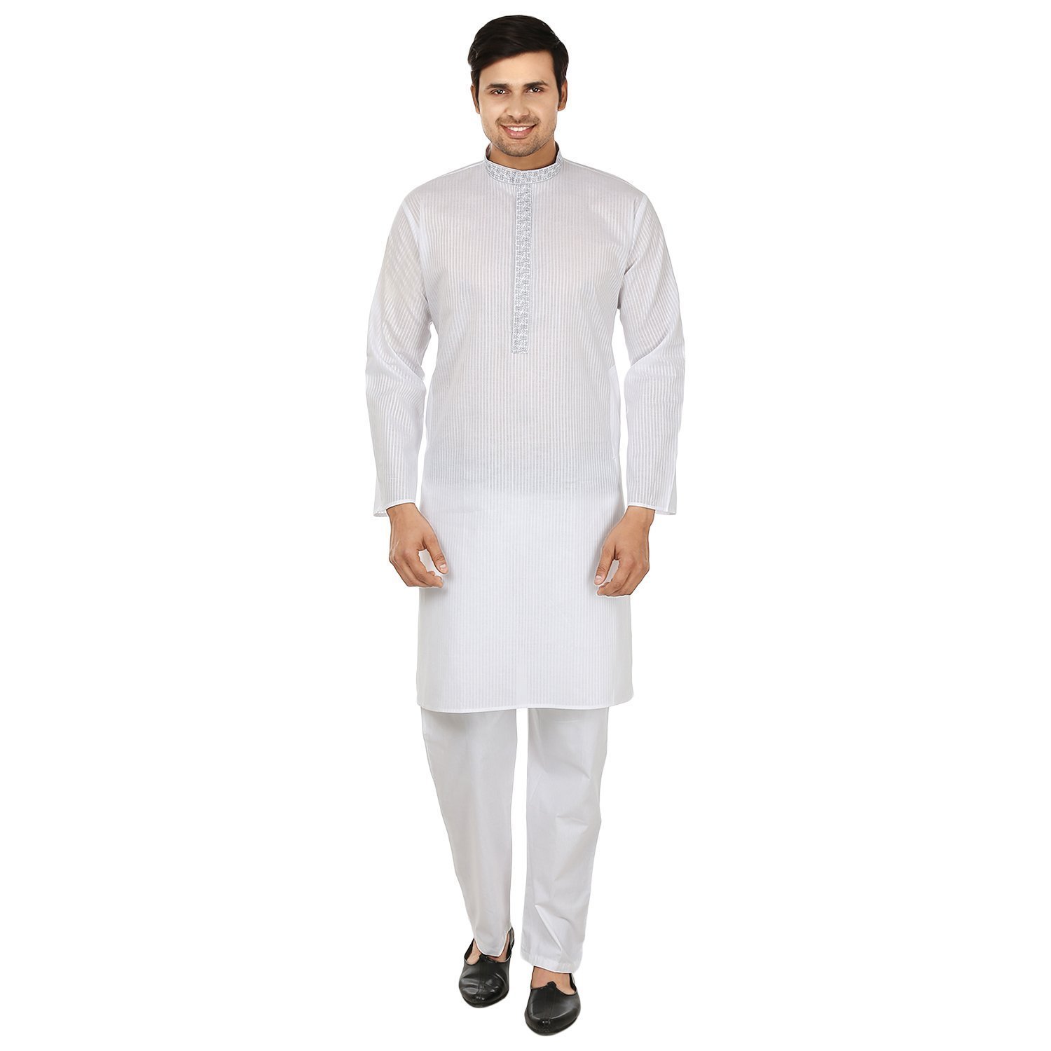royal kurta men's white cotton stripped embroidered kurta pyjama
