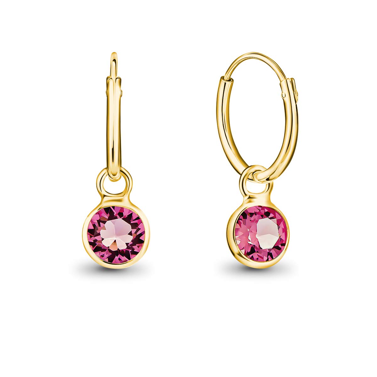 DTPsilver® 925 Sterling Silver Yellow Gold Plated SMALL Hoops Earrings - Dangling 5 mm Round Glittering Crystals from Swarovski® Elements - Diameter 14 mm - Colour: Rose