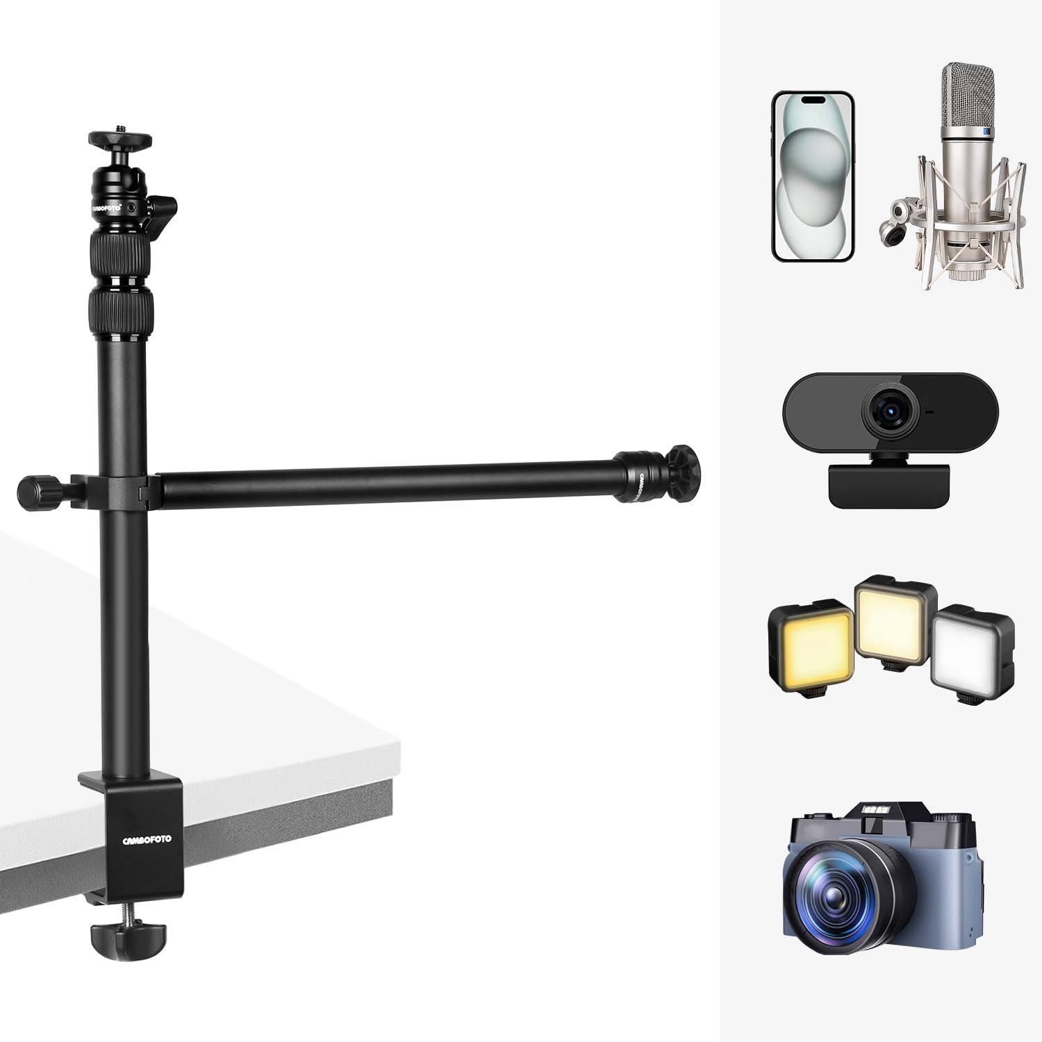 CAMBOFOTO Overhead Camera Desk Mount, Tabletop Stand, 18.5-32.5'' Table Camera Tripod with Magic Arm, 1/4 Screw Ball Head, Phone Holder for Small Cameras, Ring lights, Microphones, Smartphones, Wecam