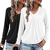 AIZHINENG 2 Pack Women Tops Long Sleeve Shirts V Neck Loose Fit Soft Casual Solid Color T-Shirts Fall Clothing