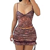 REASERAL Womens Print 2 Piece Skirt Outfits Lace Up Halter Crop Top Mini Wrap Skirt Summer Sexy Going Out Sets