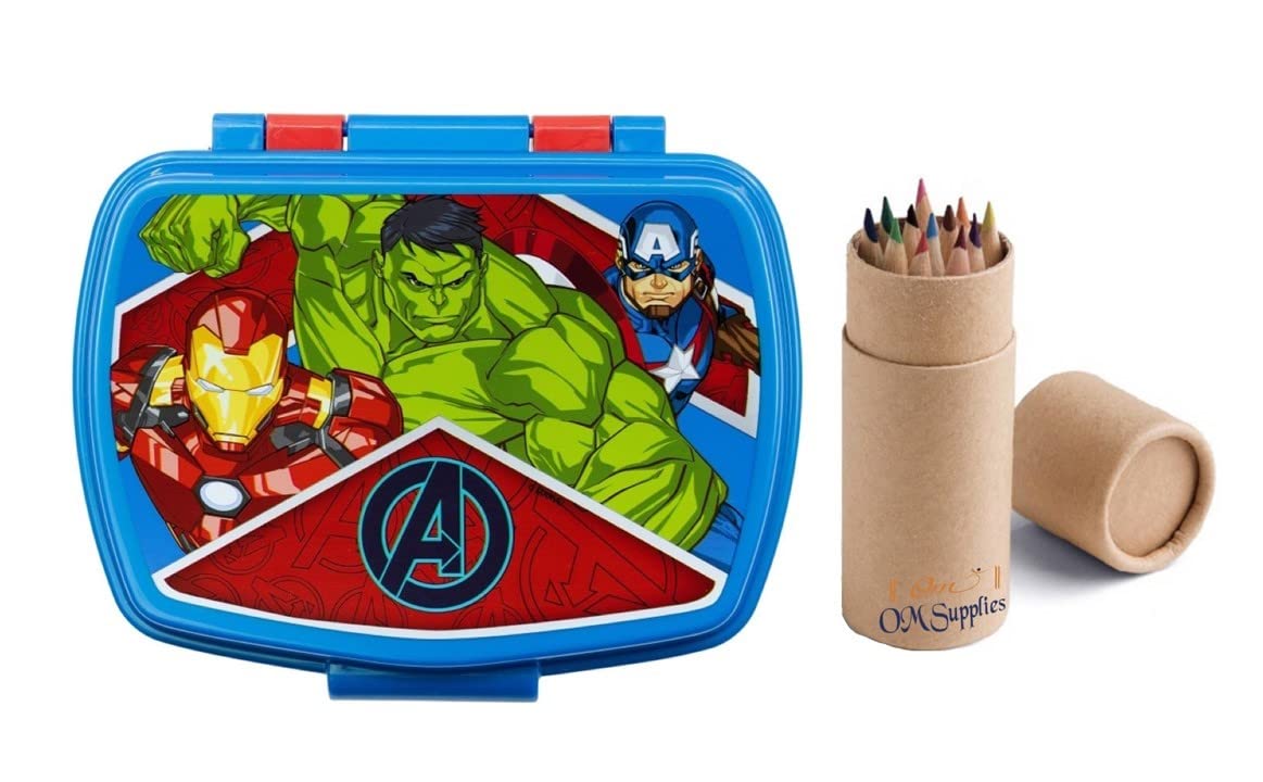 OM SUPPLIES Marvel Avengers Sandwich Lunch Snack Box Kids Children School Includes Half Size 12pcs Pencil Set (Avengers)