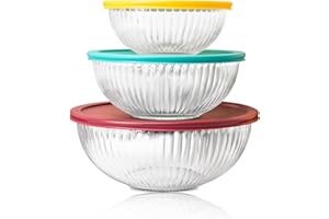 Ceywa Sculpted 3 Pack Glass Mixing Bowls (1.1 QT, 2.1 QT, 3.7 QT) – Borosilicate Glass Bowls with Airtight BPA-Free Lids, Nes