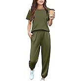 Arshiner Girls 2 Piece Outfits Fashion Clothes Short Sleeve Tops and Jogger Pants Kids Tracksuit Sweatsuits Set
