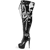 VERISSON Womens Platform High Heel Thigh High Boots Stiletto Heel Wide Calf Over the Knee Boots Round Toe Lace up Zipper with Buckle Patent Leather Dress Punk Shoes