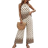 CHICME Womens Summer 2 Piece Boho Outfits Sleeveless Halter-Neck Top and Elastic Waist Wide Leg Pants Vacation Set