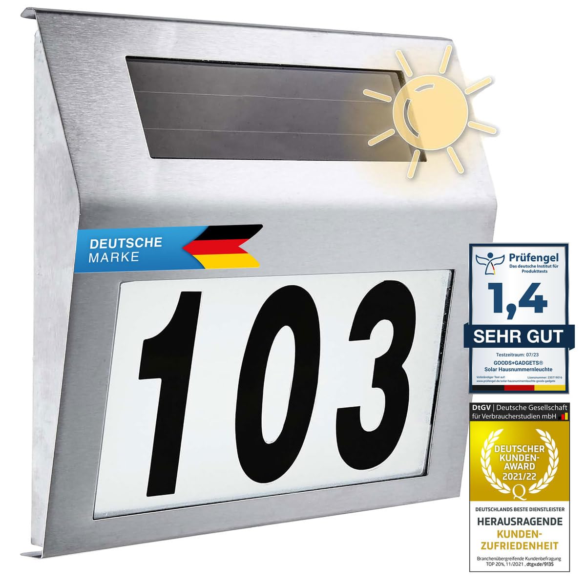 Solar House Number Light Illuminated with LED Lighting Stainless Steel IP44 (Standard)