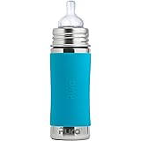 Pura Kiki 11 Oz / 325 Ml Stainless Steel Infant Bottle with Silicone Medium-Flow Nipple & Sleeve, Aqua (Plastic Free, Nontoxic Certified, Bpa Free)