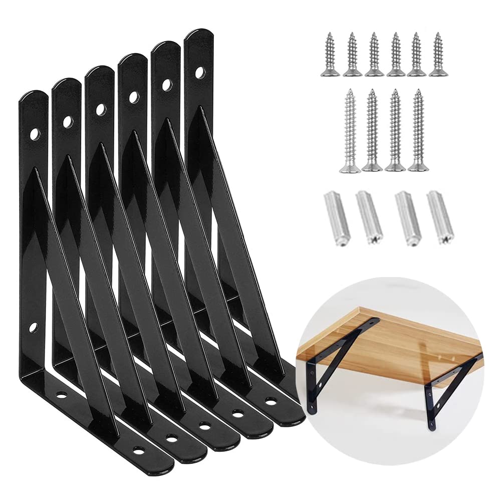 6 Pack Wall Mounted Shelf Brackets, Triangle Shelving Brackets, 6 Inch Heavy Duty Triangle Shelves Brackets, Stainless Steel Shelf Support Angle Decorative Include Screws, No Planks